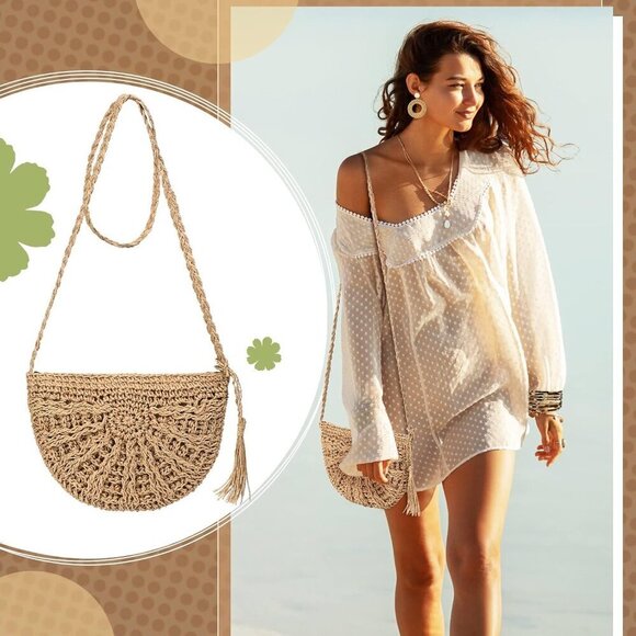 Boho Straw Crossbody Bag Set with Earrings and Leopard Bracelet for Women